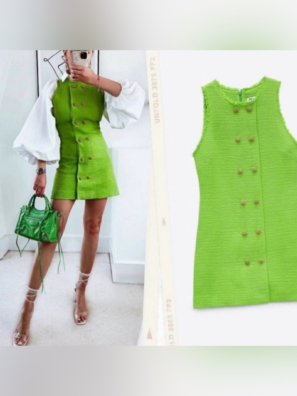 Zara NEON Green Sleeveless textured Mini Dress XS bloggers fav
